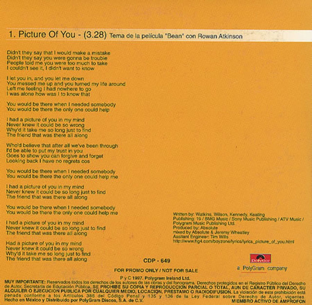 Boyzone Picture Of You Mexican Promo CD single (CD5 / 5") BYZC5PI95699