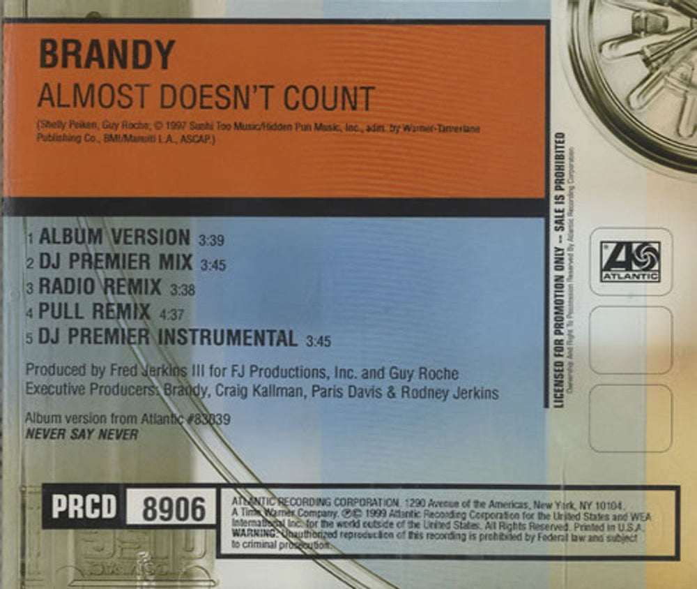 Brandy Almost Doesn't Count US Promo CD single (CD5 / 5") BNYC5AL139340