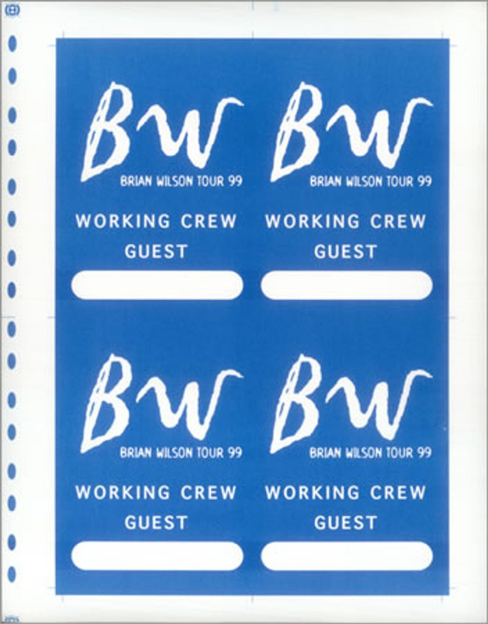 Brian Wilson Tour 99 - Uncut Press Sheet US tour pass TOUR PASSES