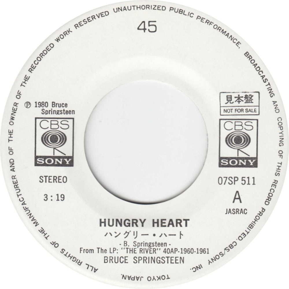 Bruce Springsteen Hungry Heart - Withdrawn Sleeve Japanese Promo 7" vinyl single (7 inch record / 45) SPR07HU603064