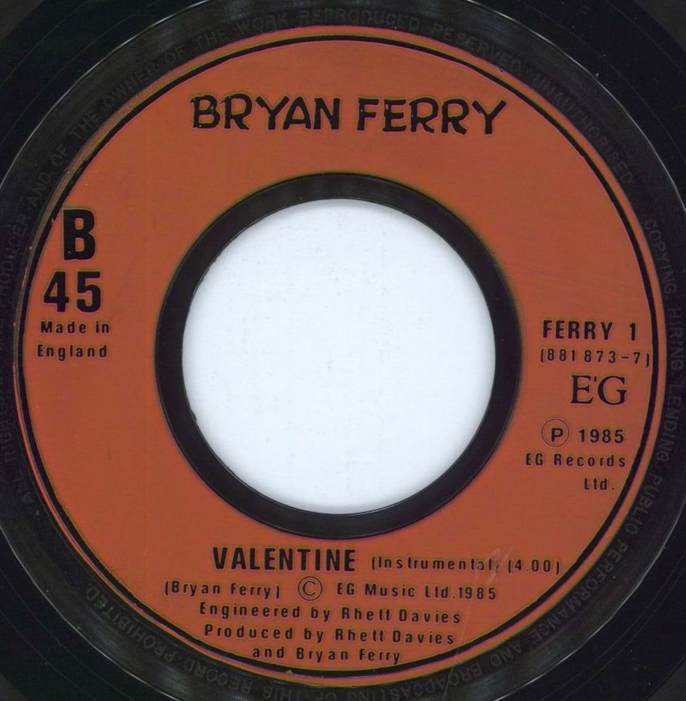 Bryan Ferry Slave To Love - Jukebox UK 7" vinyl single (7 inch record / 45)