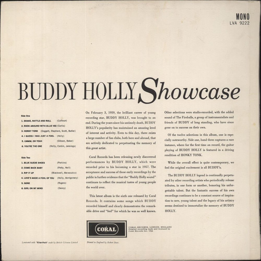 Buddy Holly Showcase UK vinyl LP album (LP record)