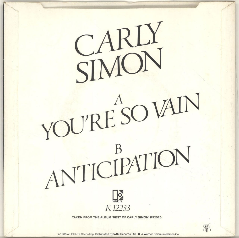 Carly Simon You're So Vain - p/s UK 7" vinyl single (7 inch record / 45) CAL07YO694203