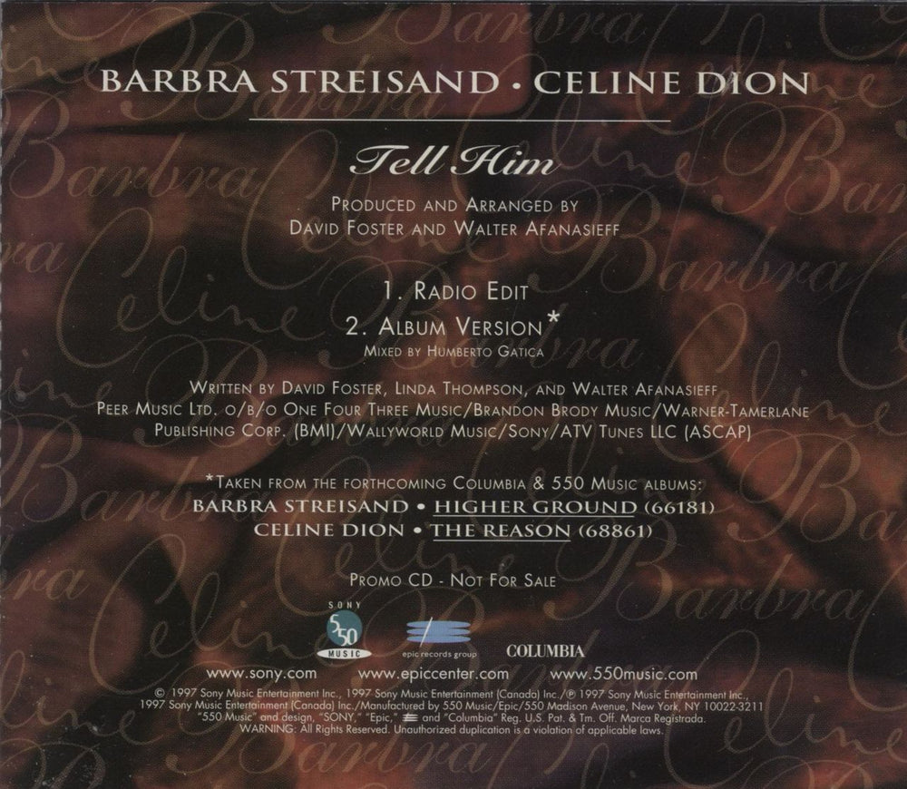 Celine Dion Tell Him US Promo CD single (CD5 / 5")