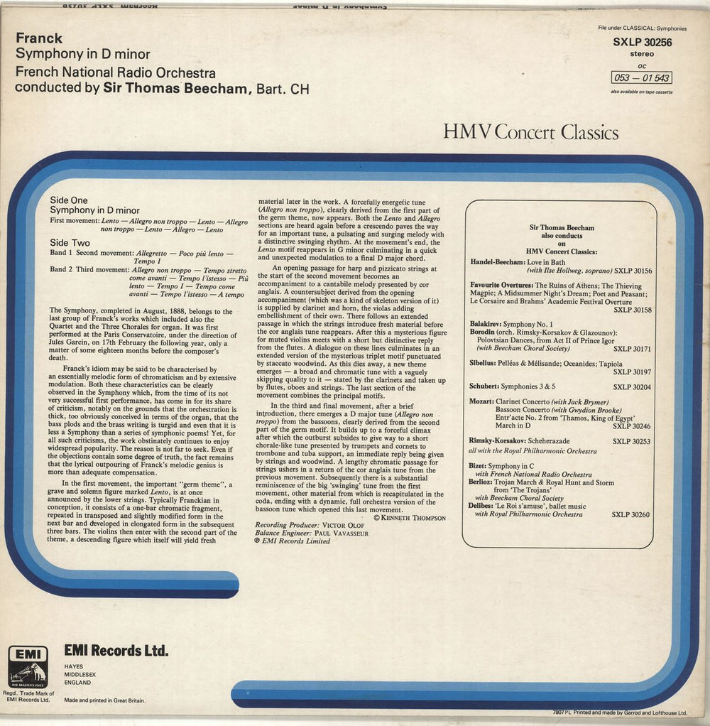 César Franck Franck: Symphony In D Minor UK vinyl LP album (LP record)