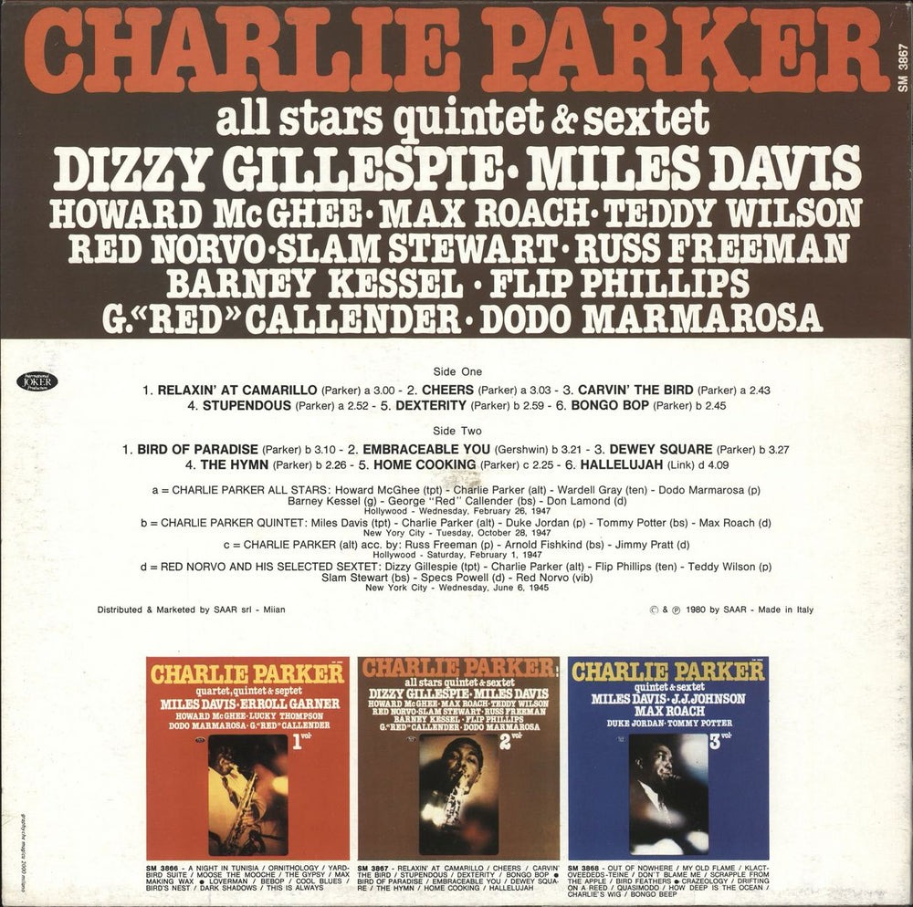 Charlie Parker Charlie Parker All-Stars Quintet & Sextet, Volume 2 Italian vinyl LP album (LP record)