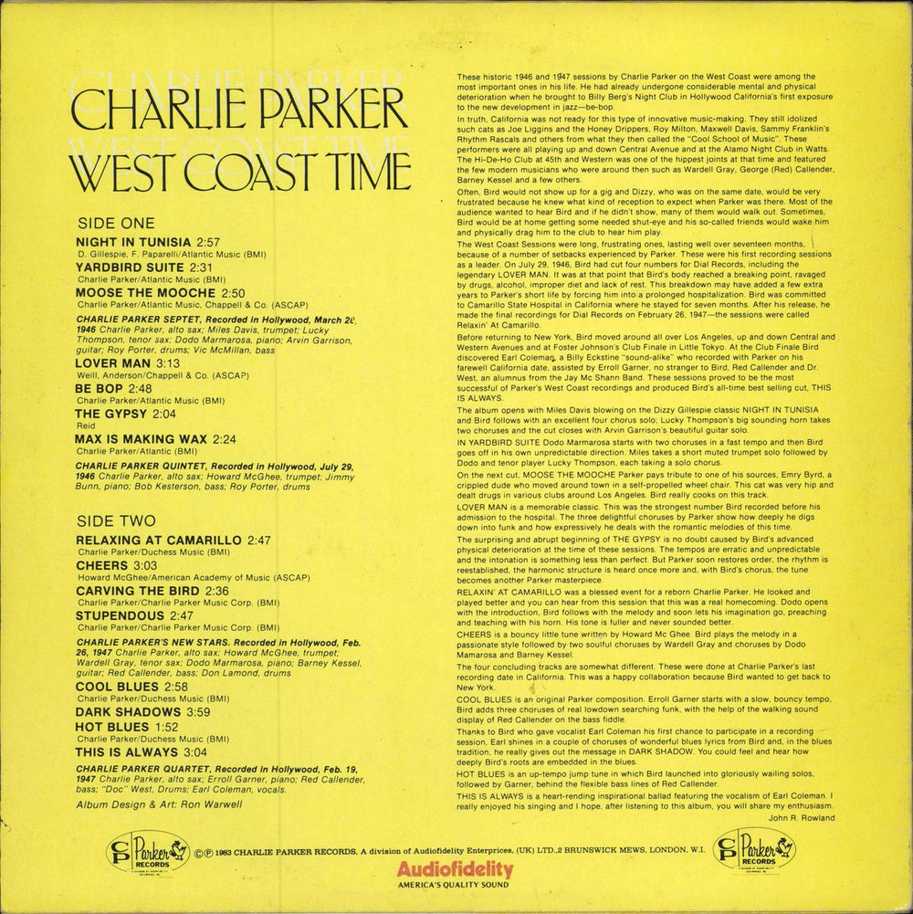 Charlie Parker West Coast Time UK vinyl LP album (LP record)