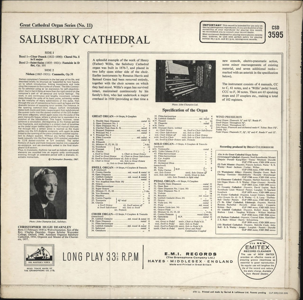 Christopher Dearnley Salisbury Cathedral UK vinyl LP album (LP record)