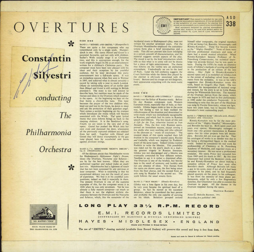 Constantin Silvestri Overtures - Autographed US vinyl LP album (LP record)