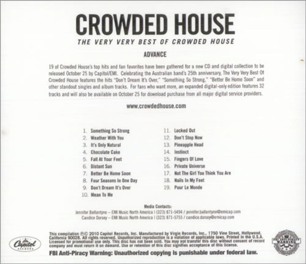 Crowded House The Very Very Best Of Crowded House US Promo CD-R acetate CRDCRTH524737