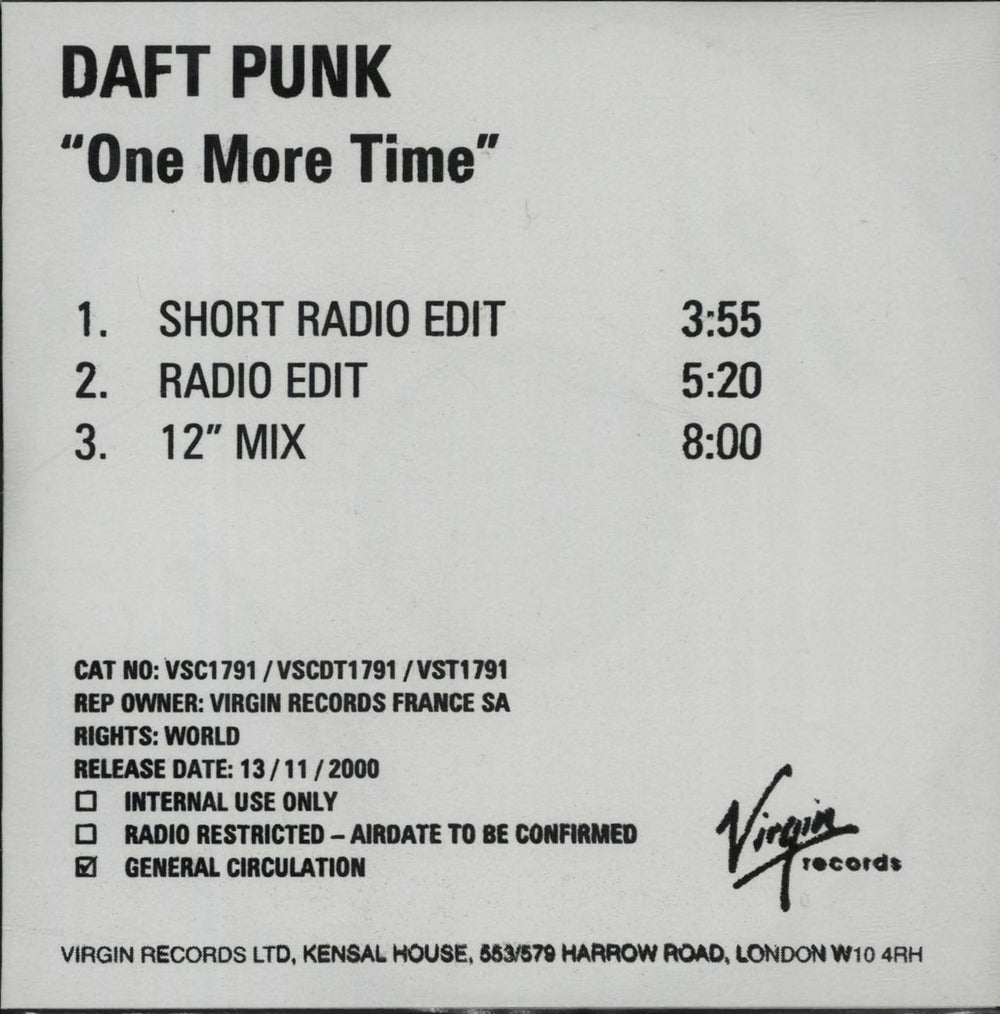 Daft Punk One More Time UK CD-R acetate CD-R