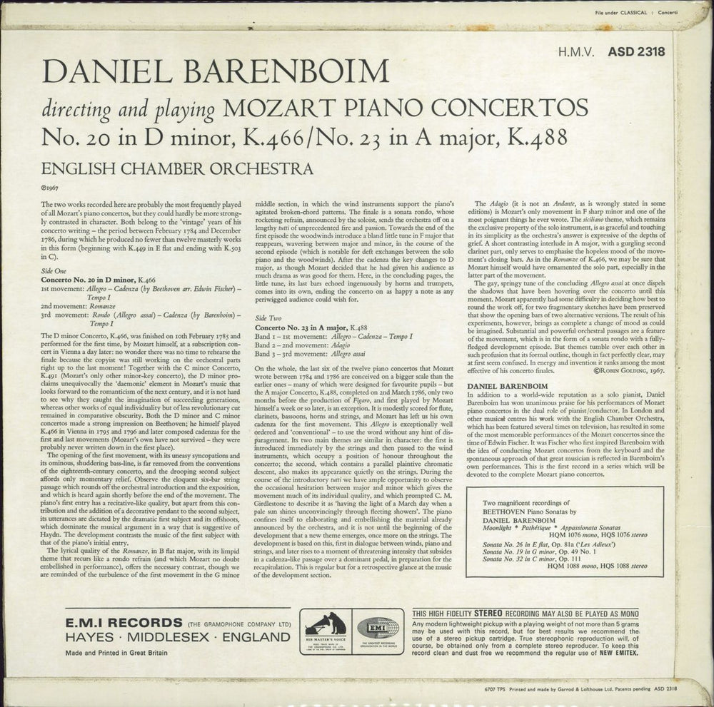 Daniel Barenboim Mozart: Piano Concertos - 1st UK vinyl LP album (LP record)