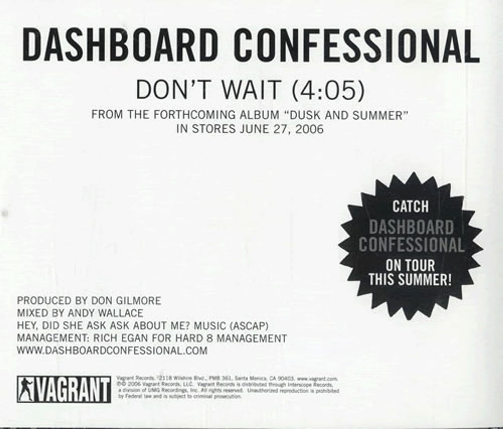 Dashboard Confessional Don't Wait US Promo CD single (CD5 / 5") INTR11795-2
