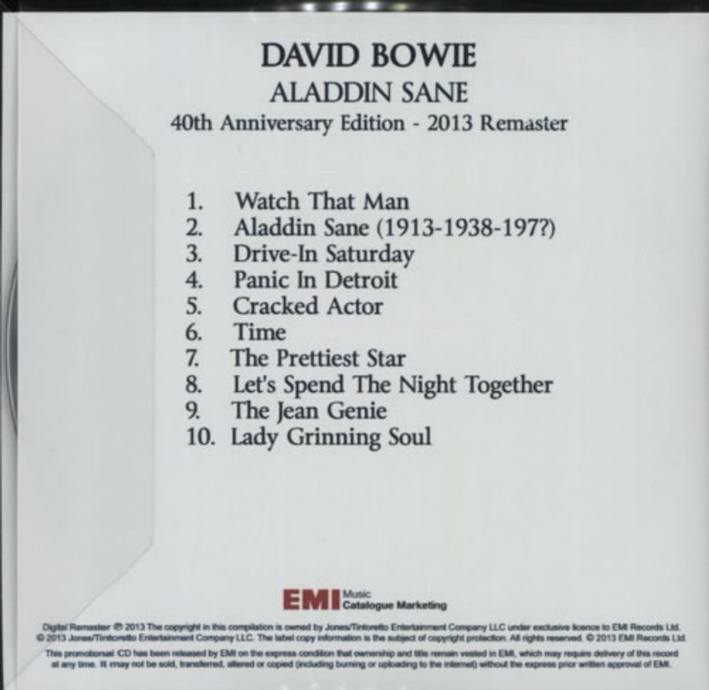 David Bowie Aladdin Sane [2013 Remaster] - 40th Anniversary Edition UK Promo CD-R acetate BOWCRAL595581