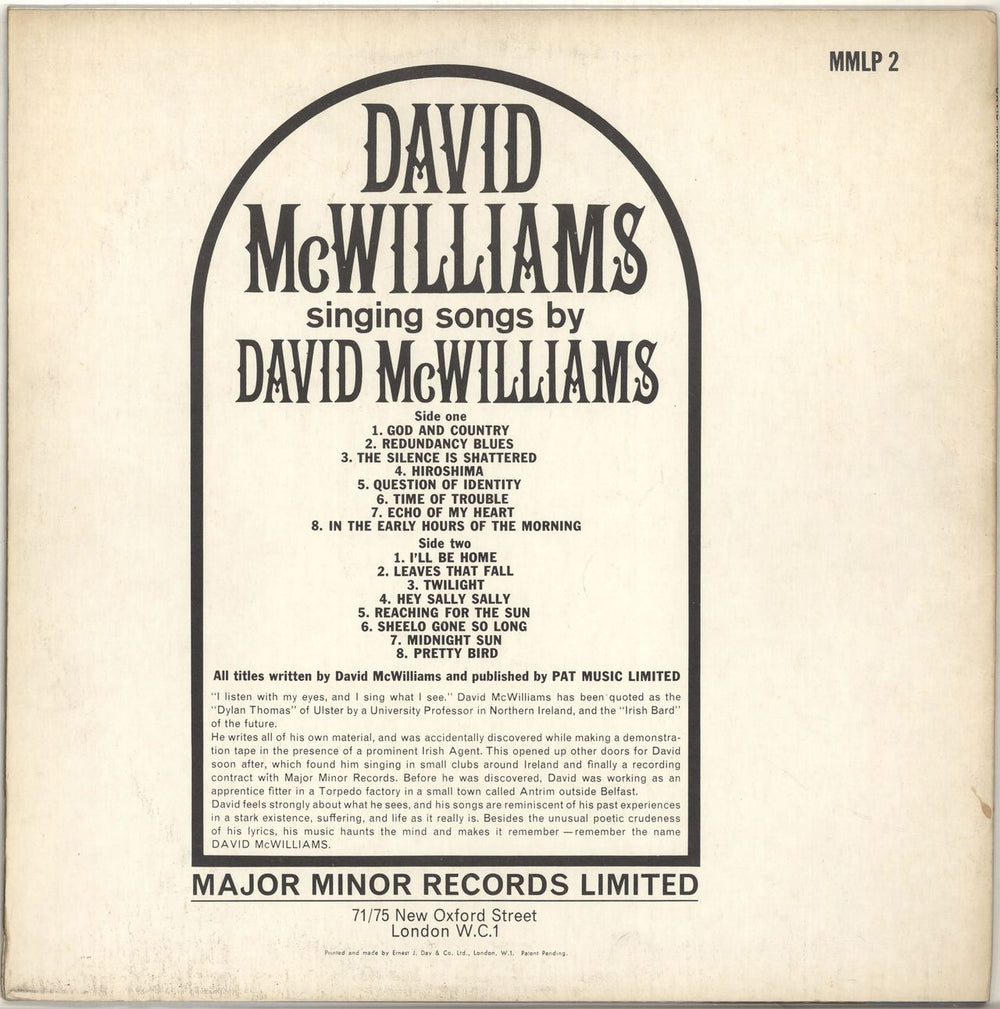 David McWilliams Singing Songs By David McWilliams UK vinyl LP album (LP record)