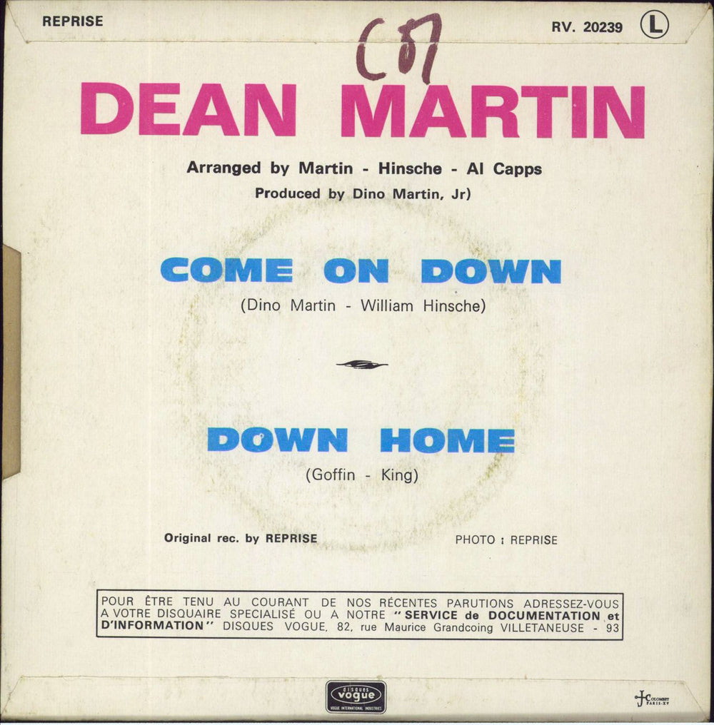 Dean Martin Come On Down + Sleeve French 7" vinyl single (7 inch record / 45)