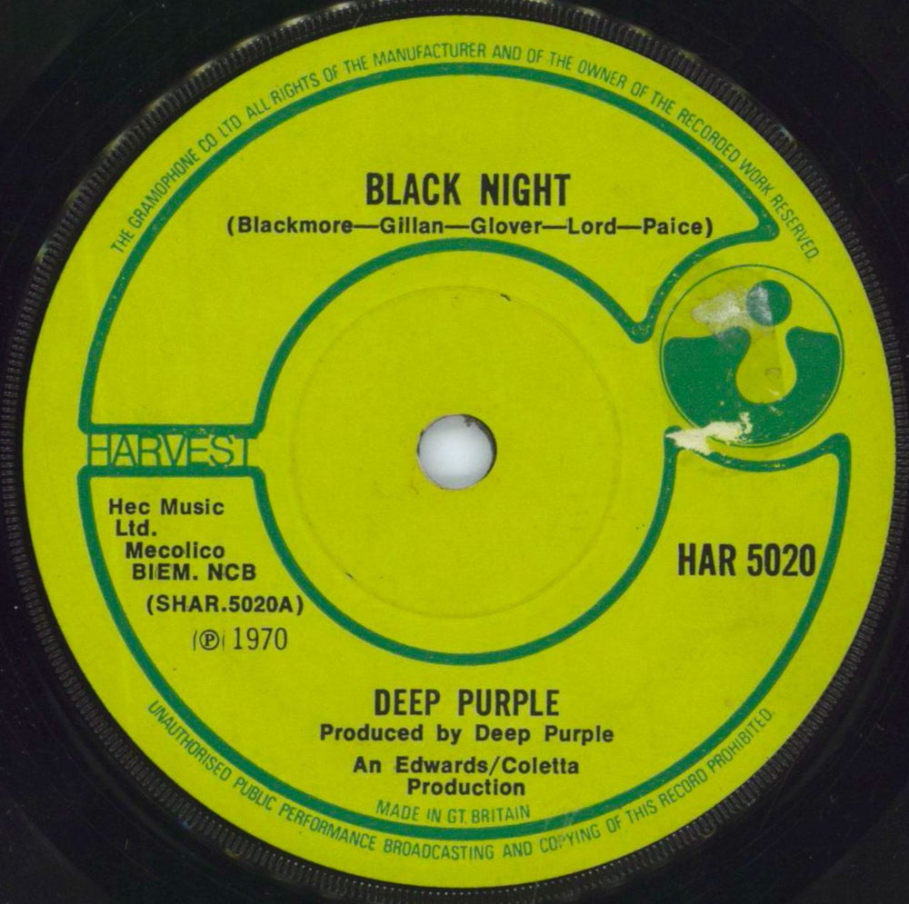 Deep Purple Black Night - EX UK 7" vinyl single (7 inch record / 45) HAR5020