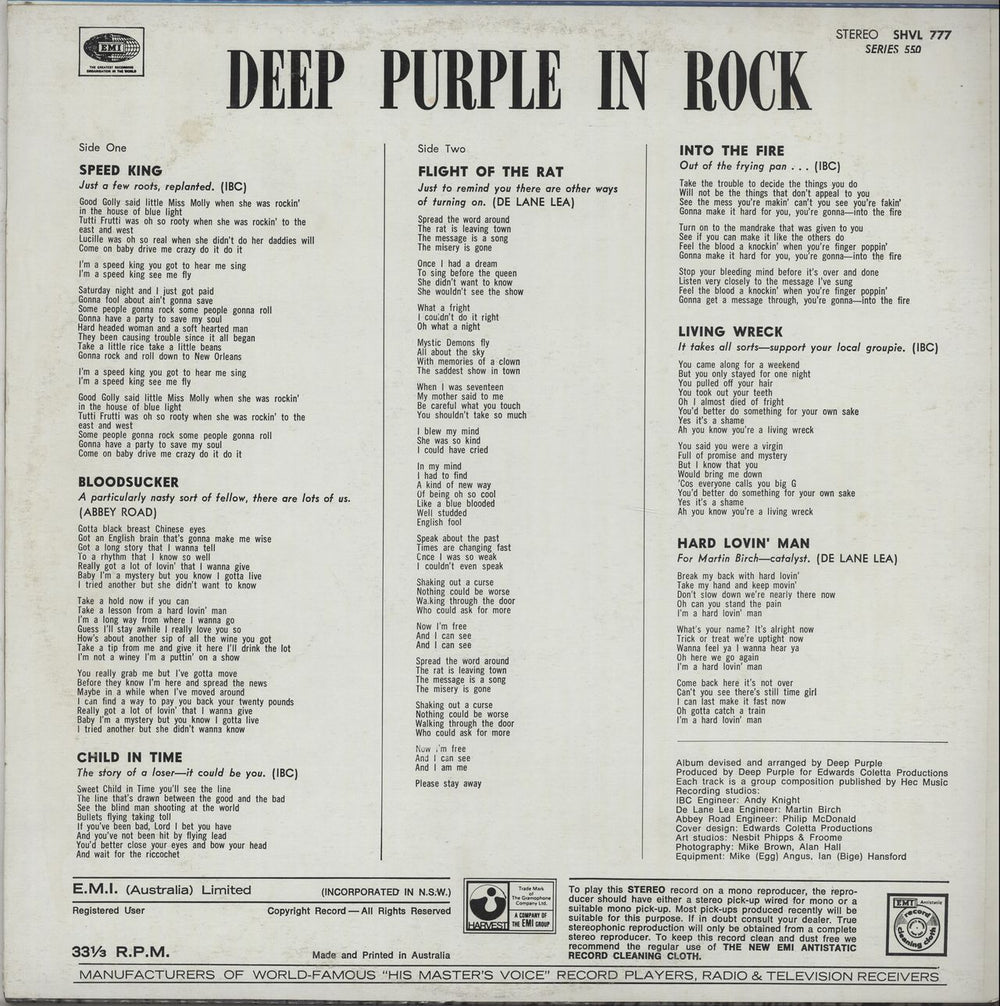 Deep Purple In Rock Australian vinyl LP album (LP record)