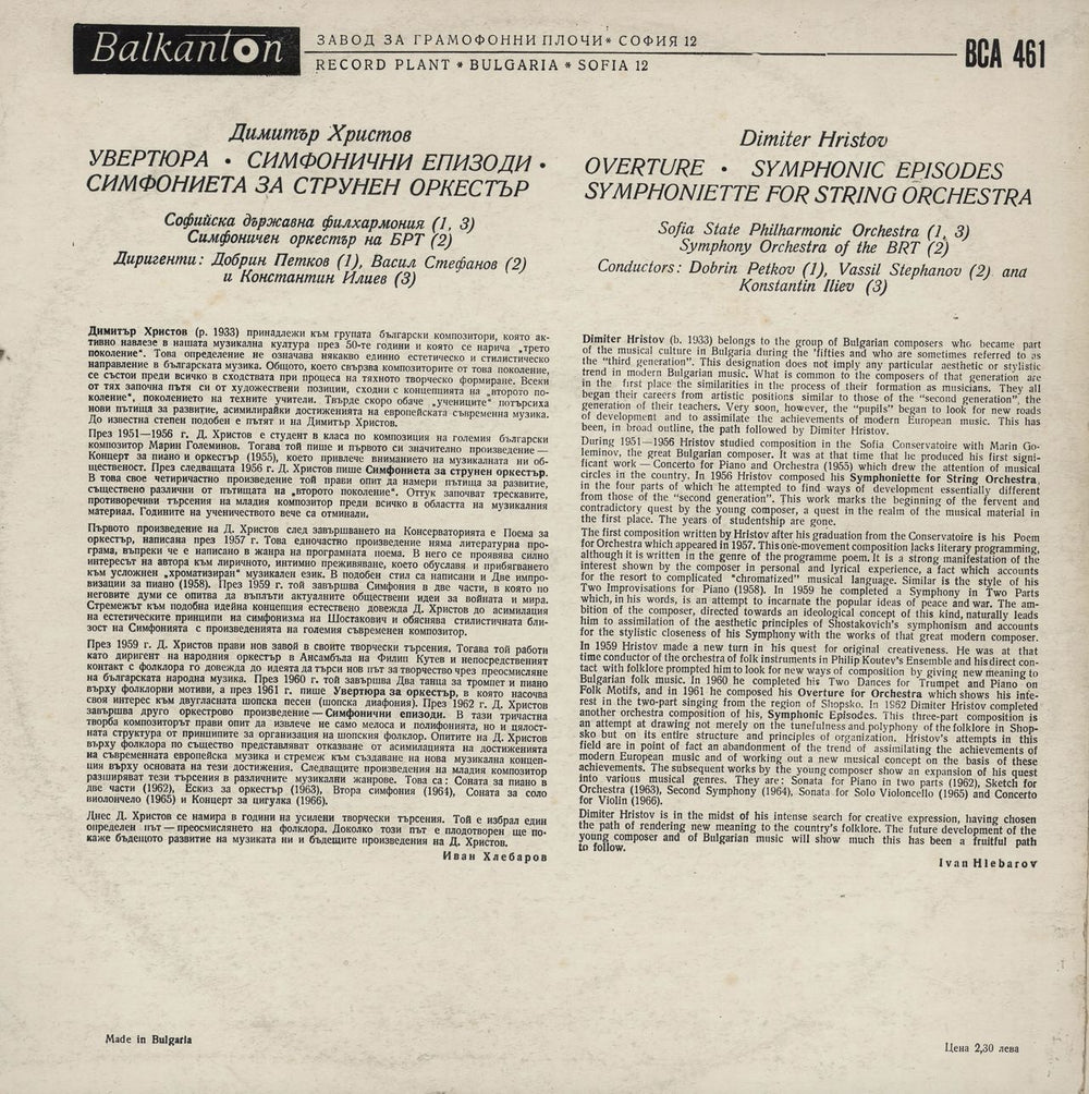 Dimiter Hristov Overture / Symphonic Episodes / Symphoniette For String Orchestra Bulgarian vinyl LP album (LP record)