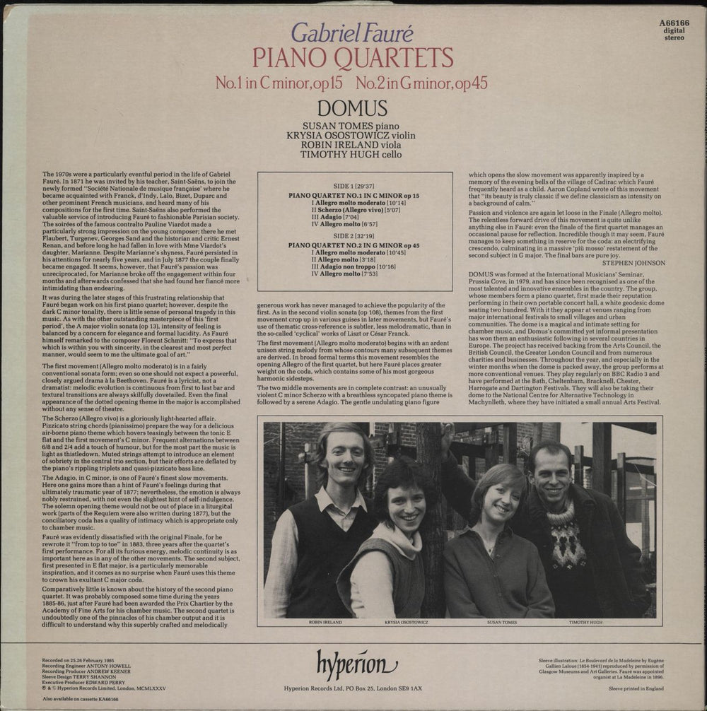 Domus Gabriel Fauré: Piano Quartets UK vinyl LP album (LP record)