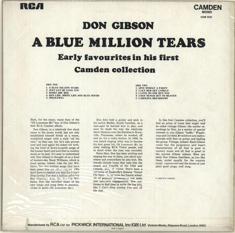 Don Gibson A Blue Million Tears UK vinyl LP album (LP record)