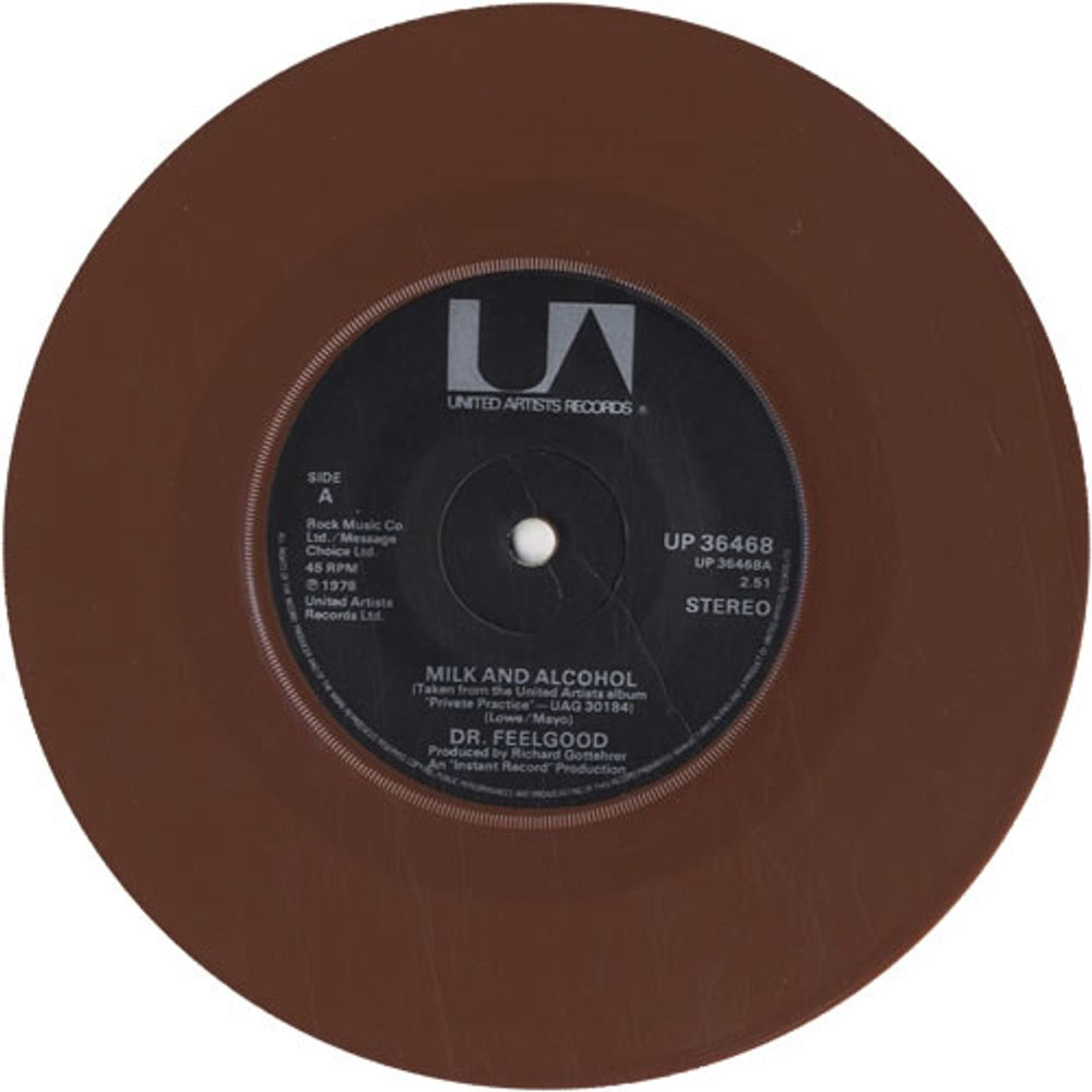 Dr Feelgood Milk And Alcohol - Brown - Striped Sleeve UK 7" vinyl single (7 inch record / 45) DRF07MI615392