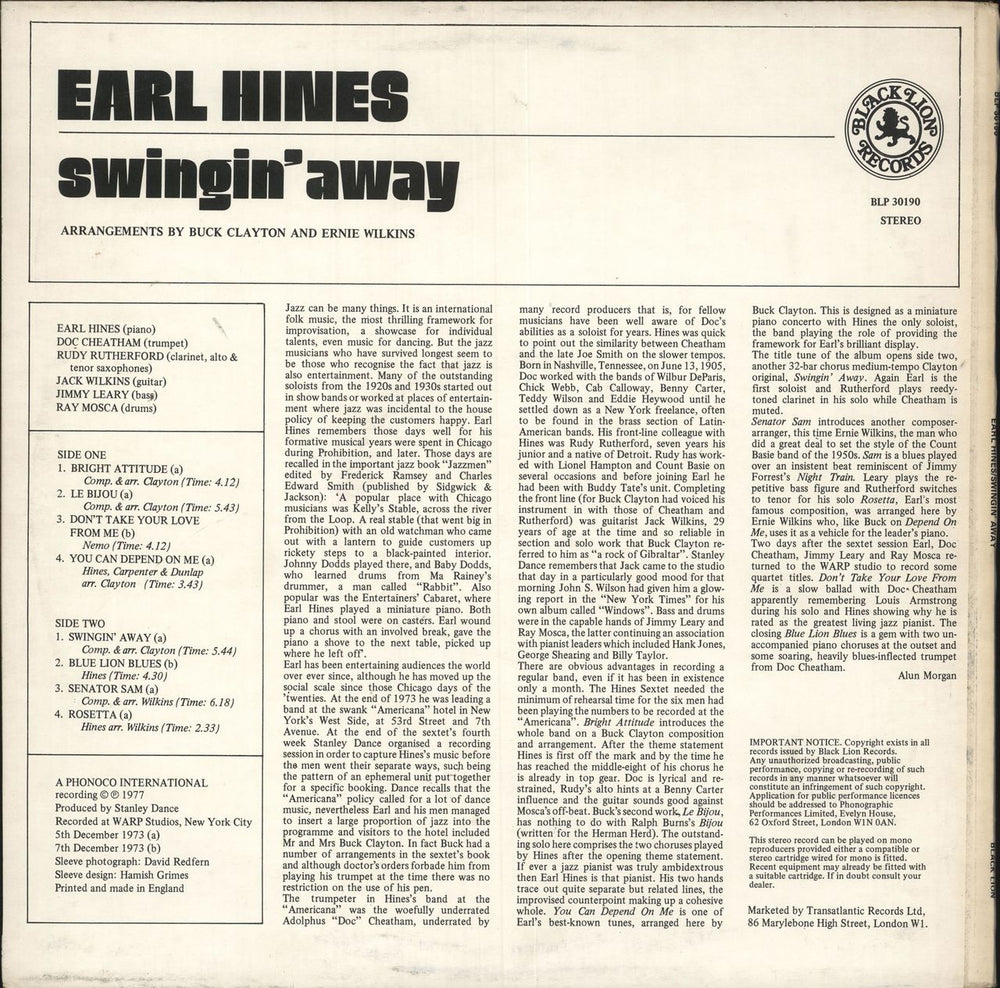 Earl Hines Swingin' Away UK vinyl LP album (LP record)