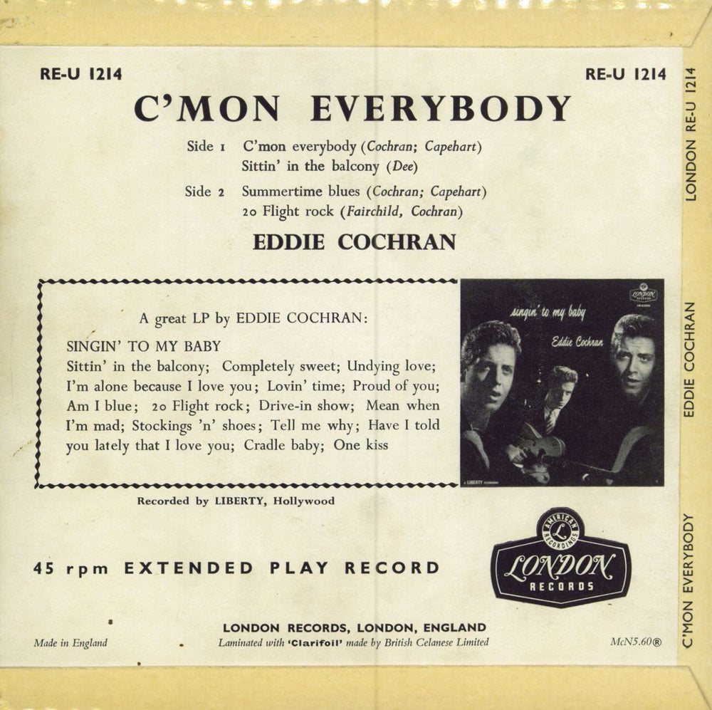 Eddie Cochran C'Mon Everybody EP - 5.60 Sleeve UK 7" vinyl single (7 inch record / 45)