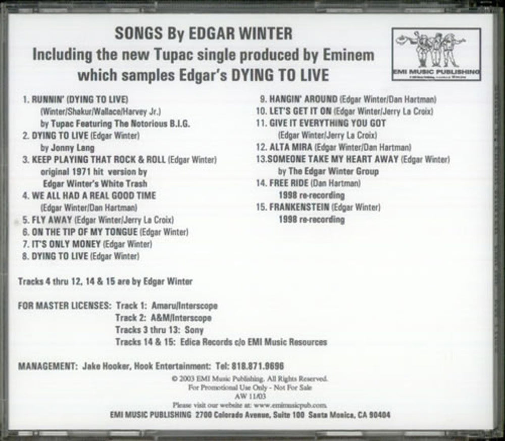 Edgar Winter Songs By Edgar Winter US Promo CD-R acetate EGWCRSO279972