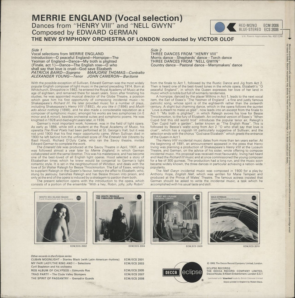 Edward German Merrie England (Vocal Selection) UK vinyl LP album (LP record)