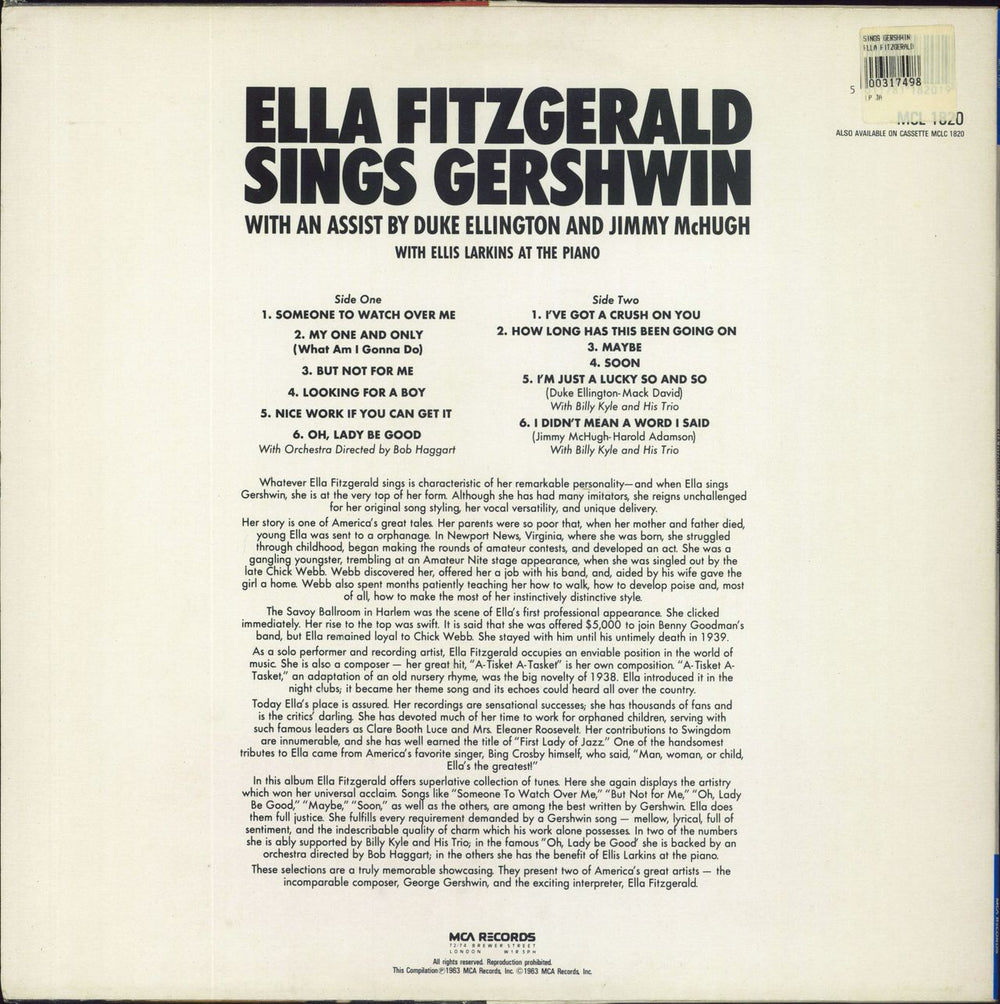 Ella Fitzgerald Ella Sings Gershwin UK vinyl LP album (LP record)