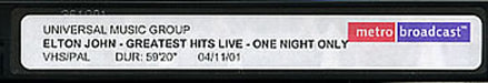 Elton John Greatest Hits Live - One Night Only UK Promo video (VHS or PAL or NTSC) PROMO VIDEO