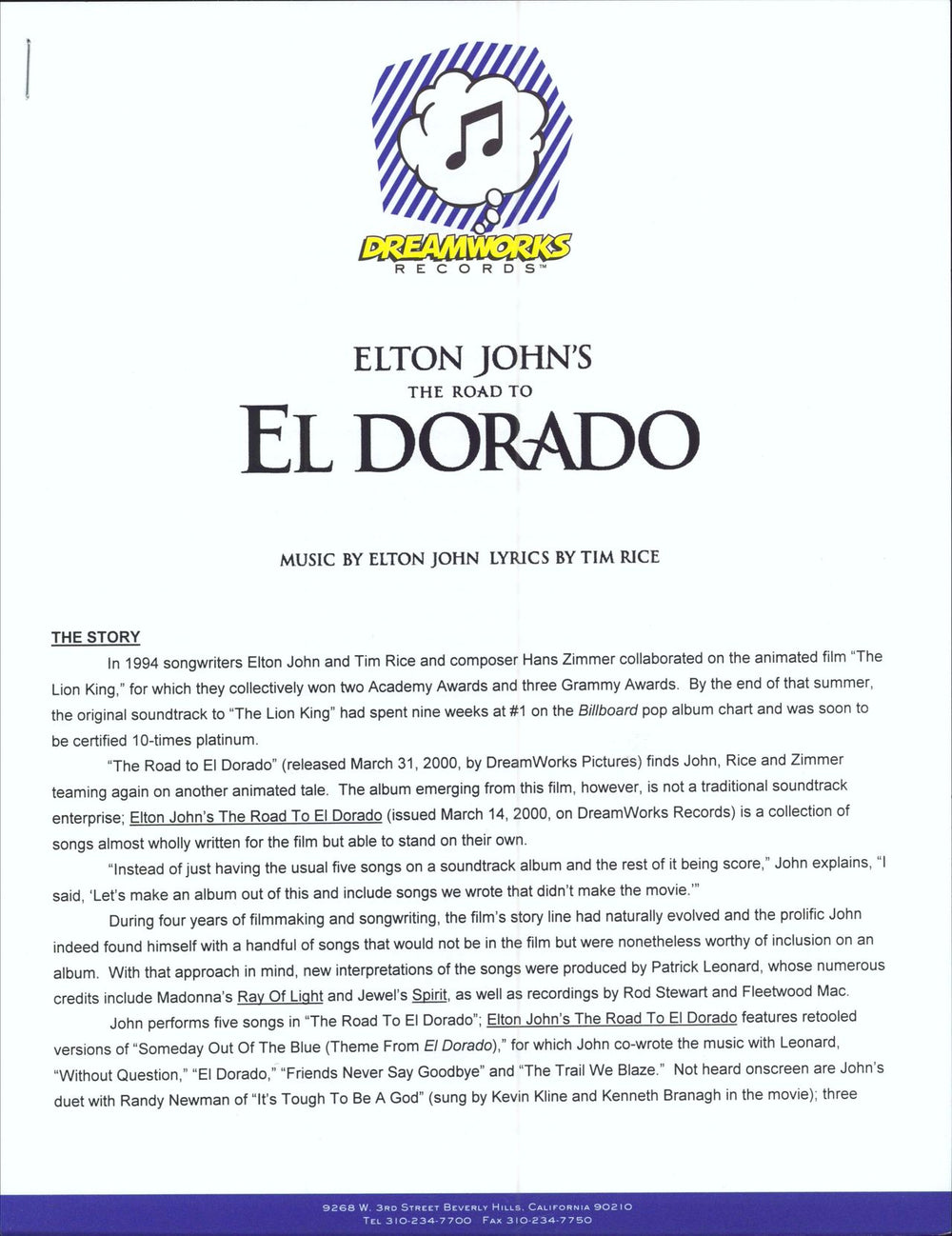 Elton John The Road To El Dorado US Promo media press pack