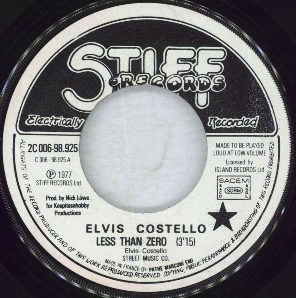 Elvis Costello Less Than Zero French 7" vinyl single (7 inch record / 45) COS07LE824626