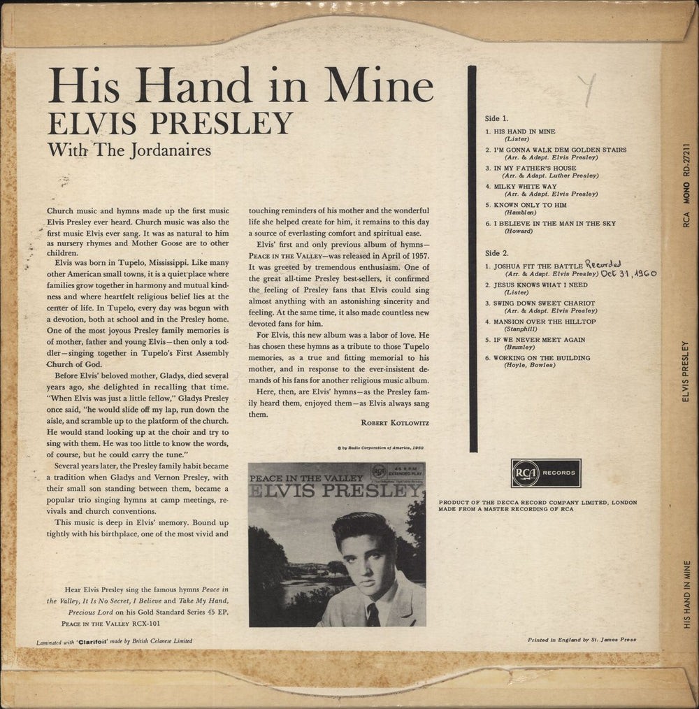 Elvis Presley His Hand In Mine - 1st - VG UK vinyl LP album (LP record)