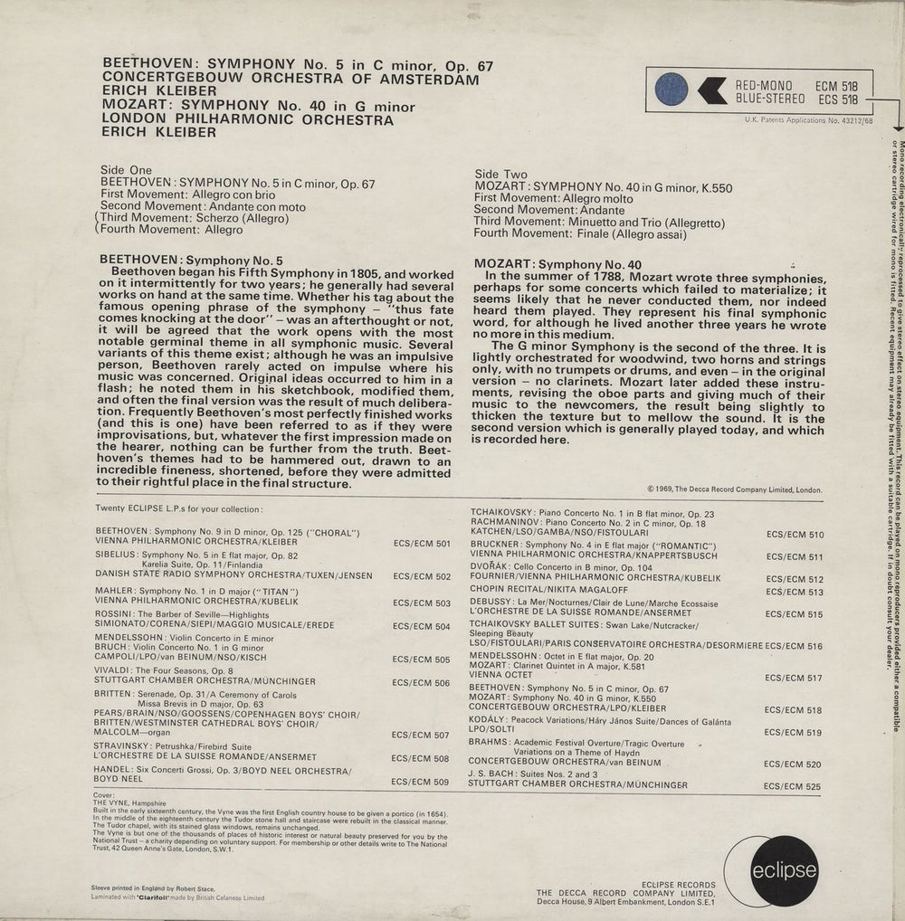 Erich Kleiber Beethoven: Symphony No. 5 / Mozart: Symphony No. 40 UK vinyl LP album (LP record)
