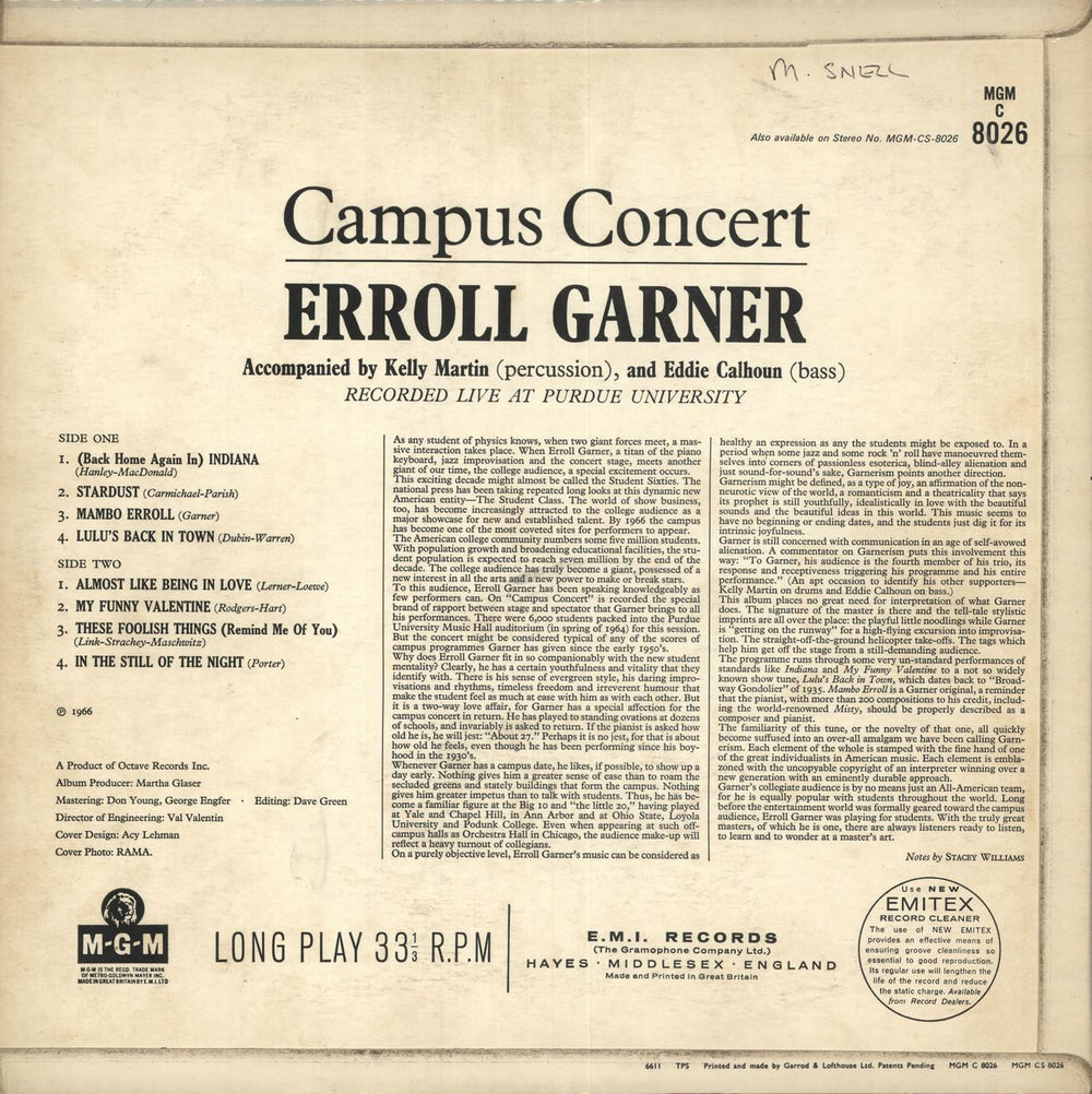 Erroll Garner Campus Concert  UK vinyl LP album (LP record)