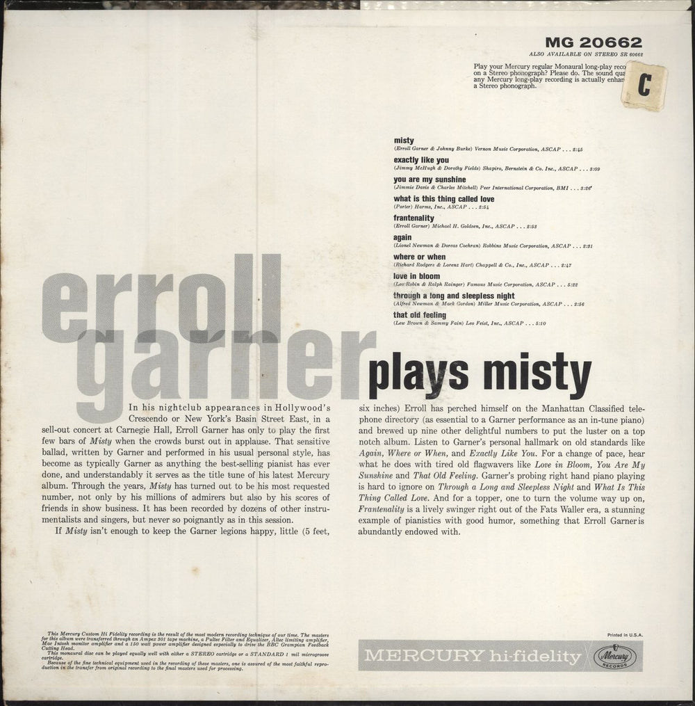 Erroll Garner Plays Misty US vinyl LP album (LP record)