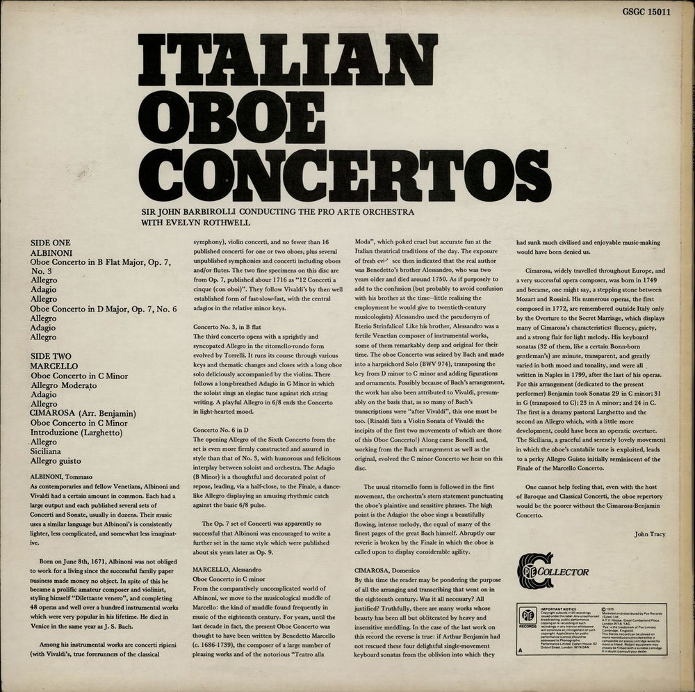 Evelyn Rothwell Italian Oboe Concertos UK vinyl LP album (LP record)