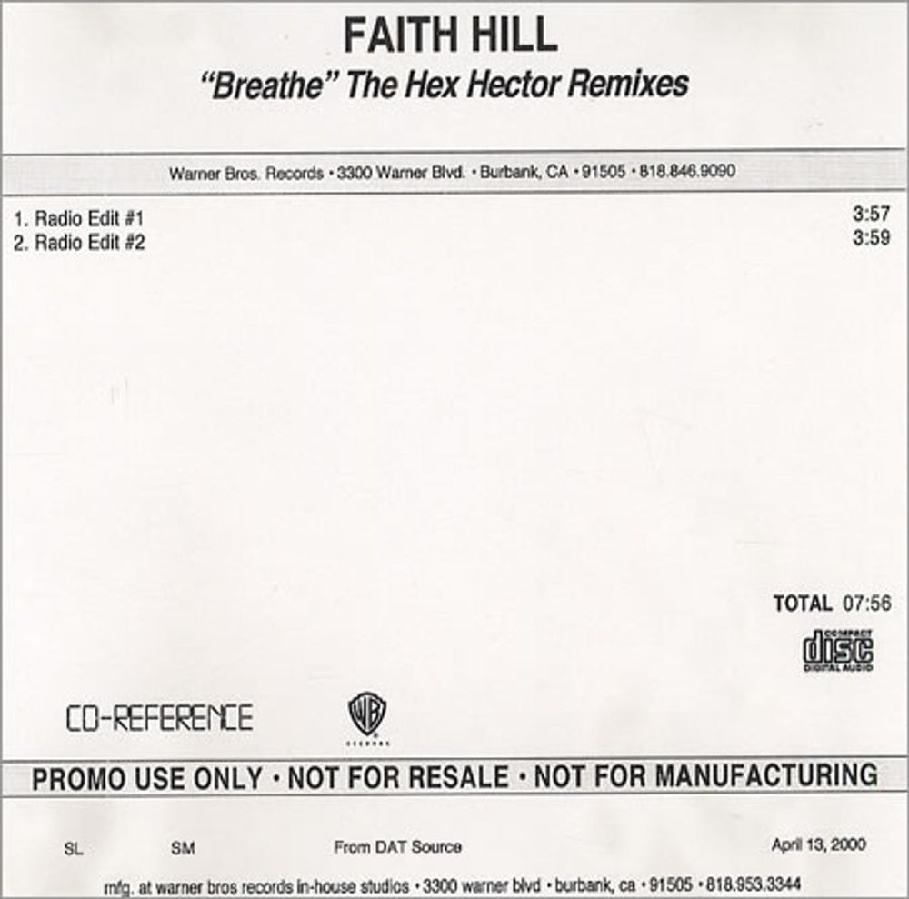 Faith Hill Breathe - Hex Hector Remixes - 2 Track US Promo CD-R acetate CD ACETATE