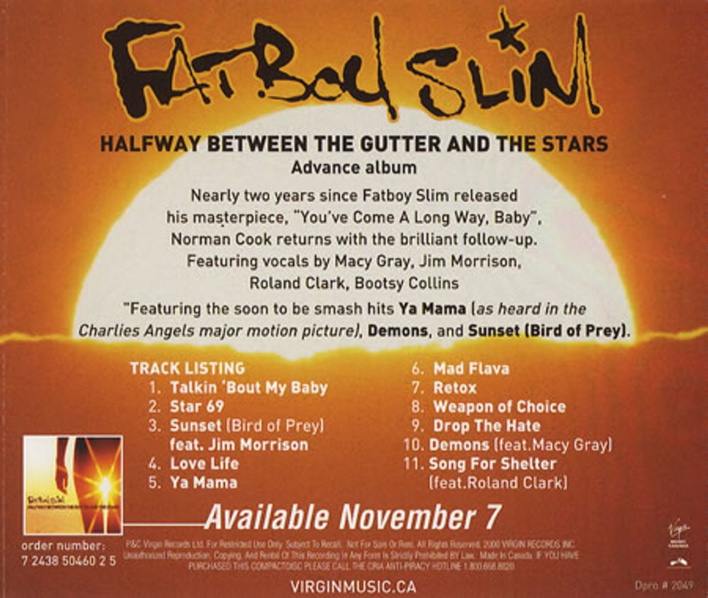 Fatboy Slim Halfway Between The Gutter & The Stars Canadian Promo CD album (CDLP) FBSCDHA174342