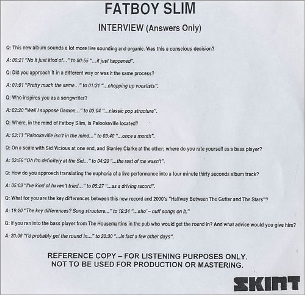 Fatboy Slim Interview Disc - Answers Only UK Promo CD-R acetate CD-R ACETATE