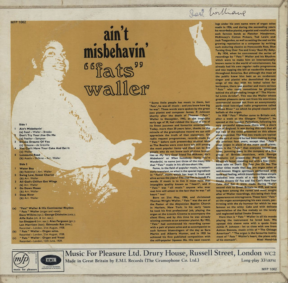 Fats Waller Ain't Misbehavin' wos UK vinyl LP album (LP record)