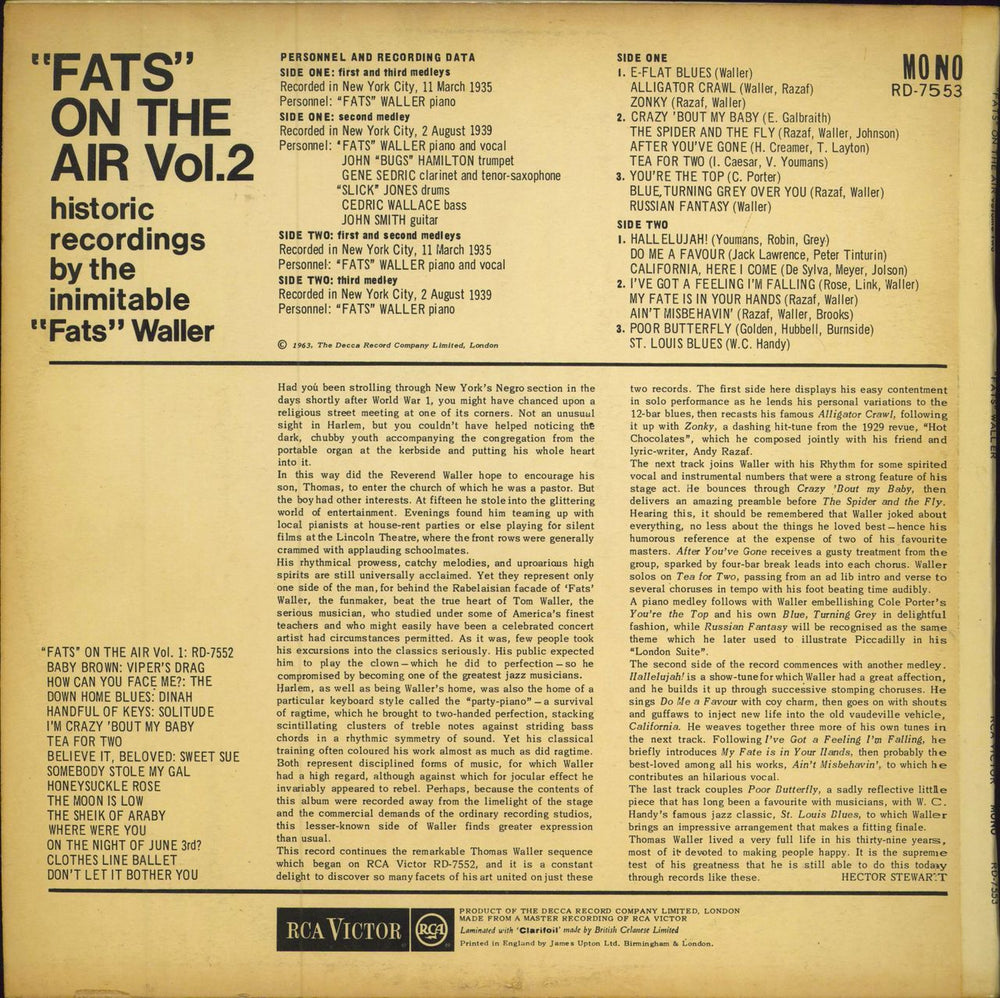 Fats Waller Fats On The Air Vol. 2 UK vinyl LP album (LP record)