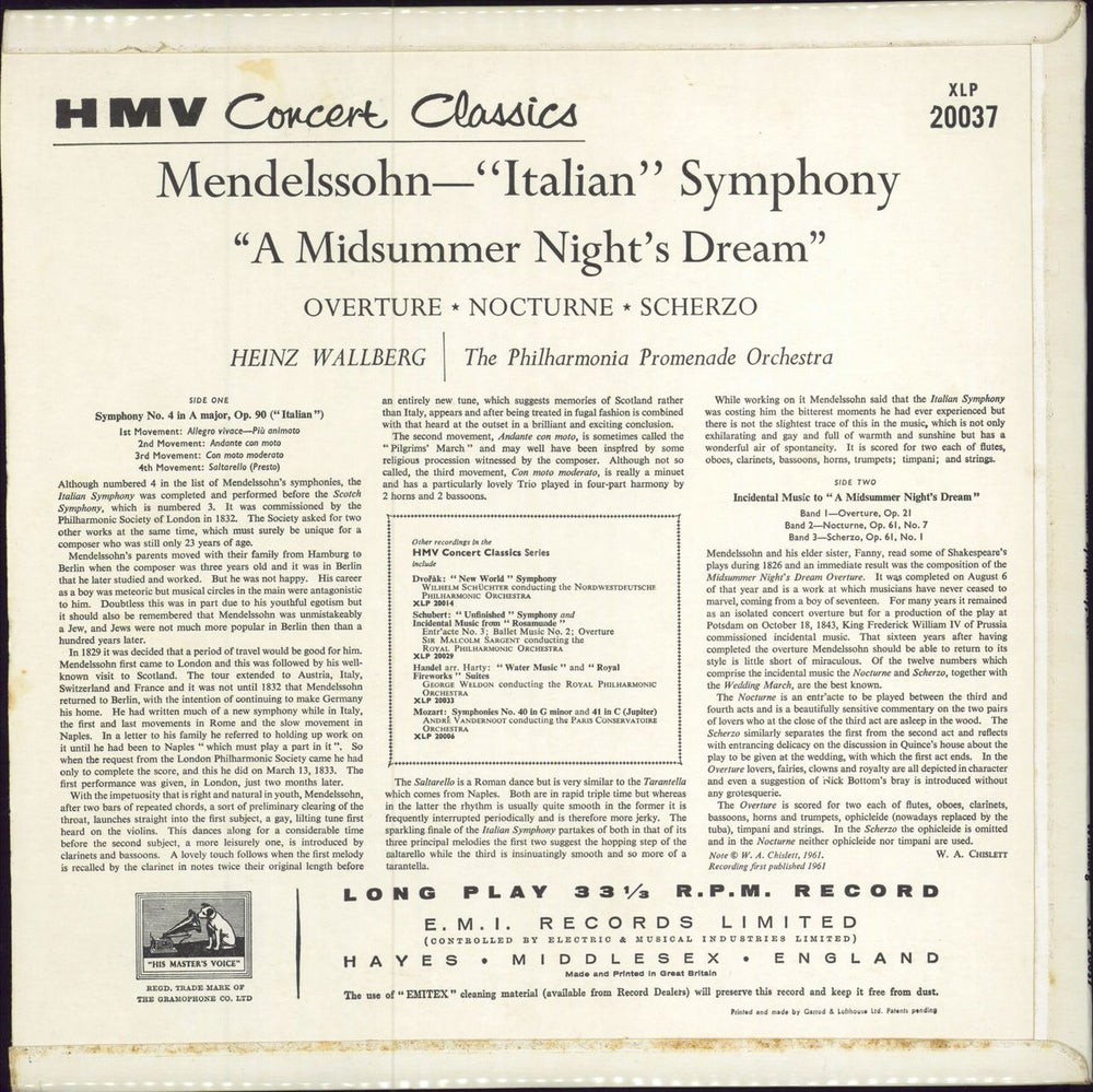 Felix Mendelssohn "Italian" Symphony / "A Mid Summer Night's Dream" UK vinyl LP album (LP record)