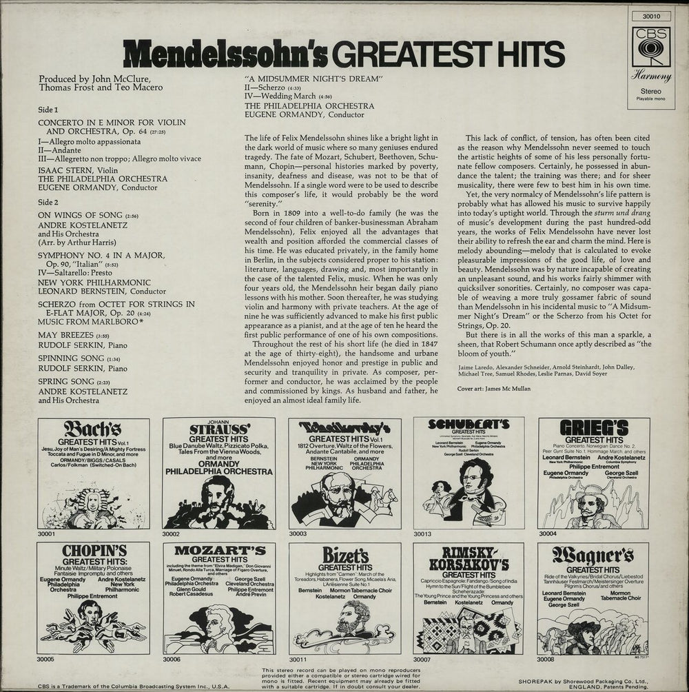 Felix Mendelssohn Mendelssohn's Greatest Hits UK vinyl LP album (LP record) M2BLPME644658