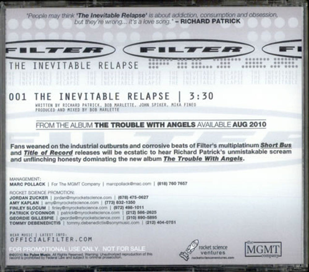 Filter The Inevitable Relapse US Promo CD single (CD5 / 5") 16460
