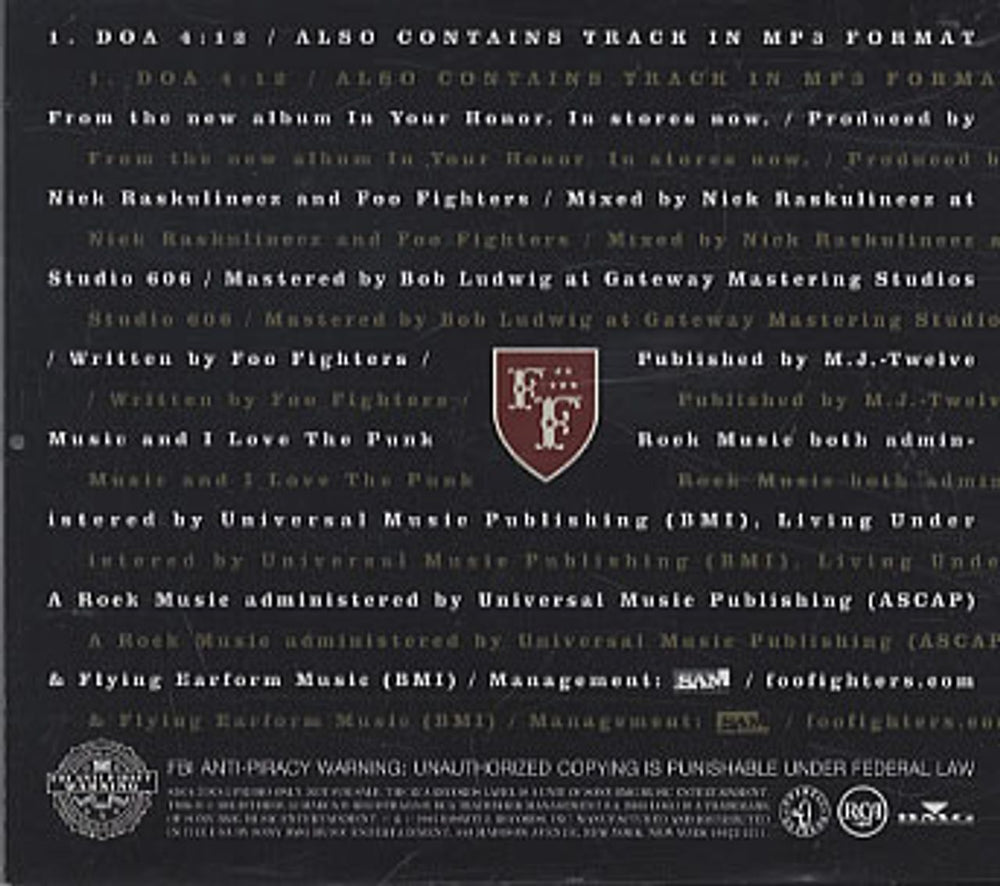 Foo Fighters DOA US Promo CD single (CD5 / 5") 8287671978-2