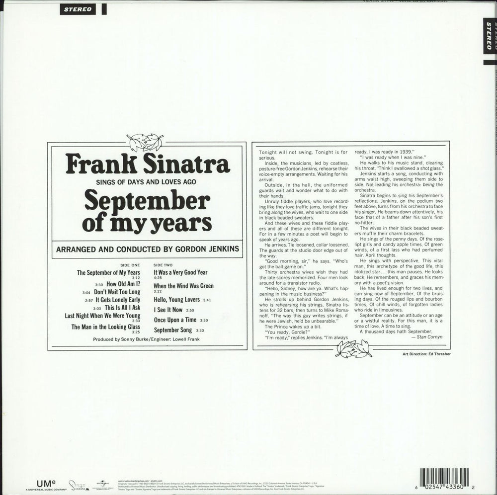 Frank Sinatra September Of My Years - 180gm UK vinyl LP album (LP record) 602547433602