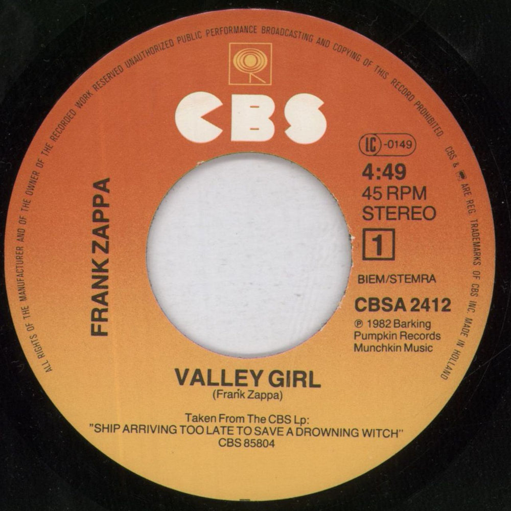 Frank Zappa Valley Girl Dutch 7" vinyl single (7 inch record / 45) ZAP07VA819060